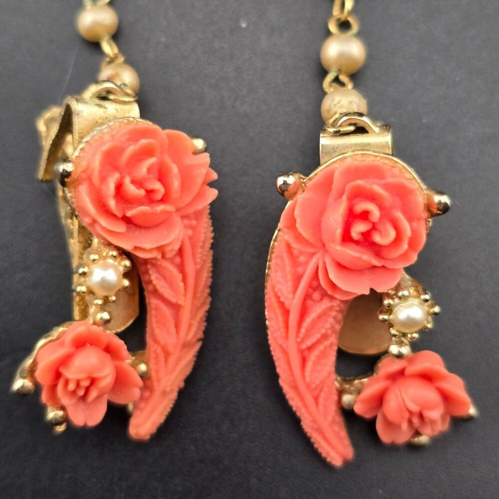 Vintage Celluloid Pink Rose Sweater Clips Gold Tone Spring Easter - Picture 3 of 7